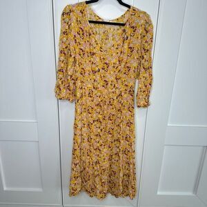 Gap mustard yellow floral midi dress tie waist small (m1)